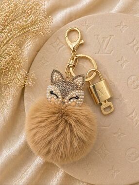 Authentic Louis Vuitton Gold Padlock 🔐 + Unbranded Cat Tan Pom Pom Charm